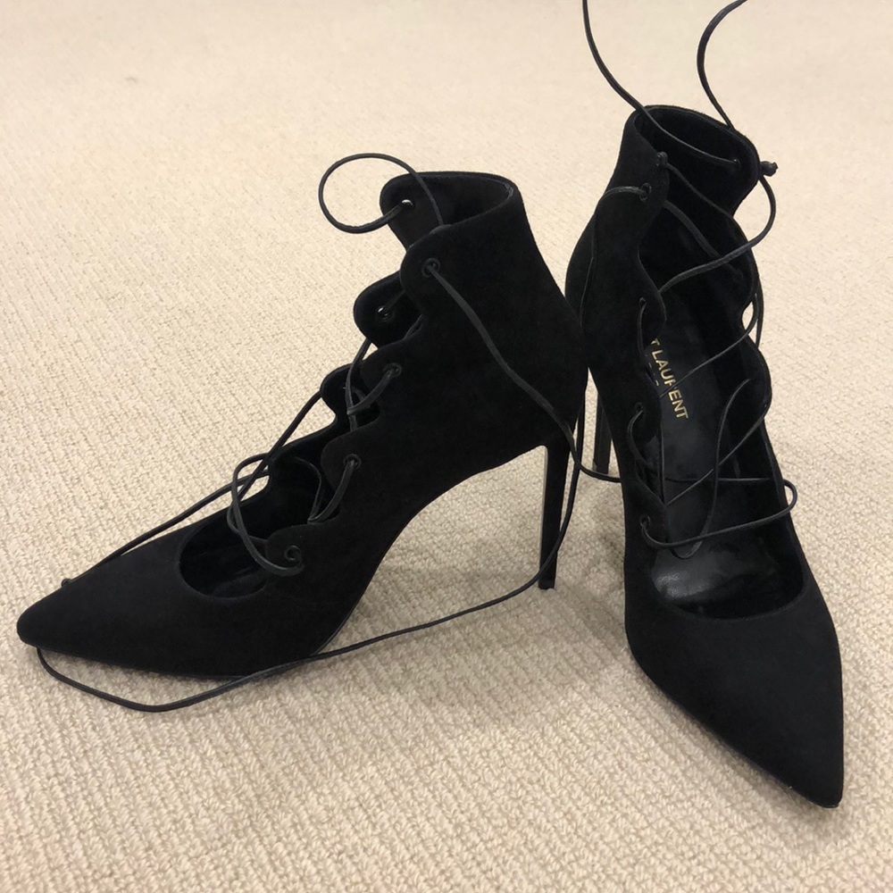 Saint Laurent black suede lace up heels - Picture 5 of 7